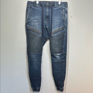 Blue Skinny Jeans with Elastic Cuffs and Moto Design